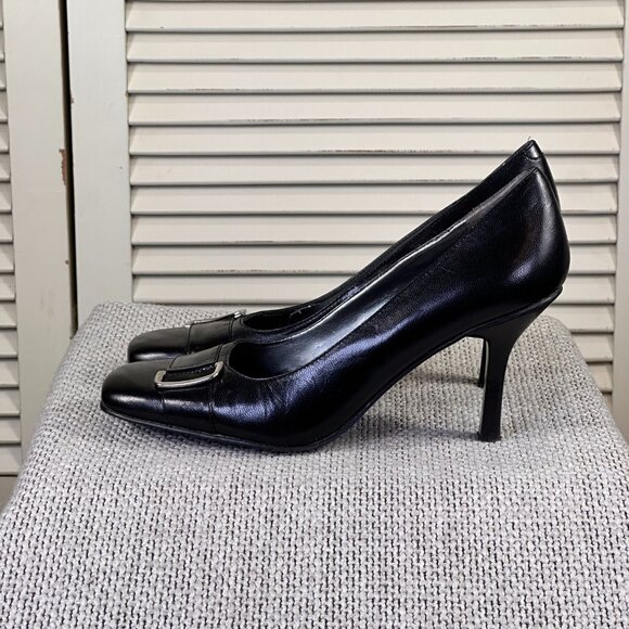 Bandolino "Flawless" Black Leather 3" Square Toe Heel w/ Buckle Accent Size 6.5 - Picture 4 of 8